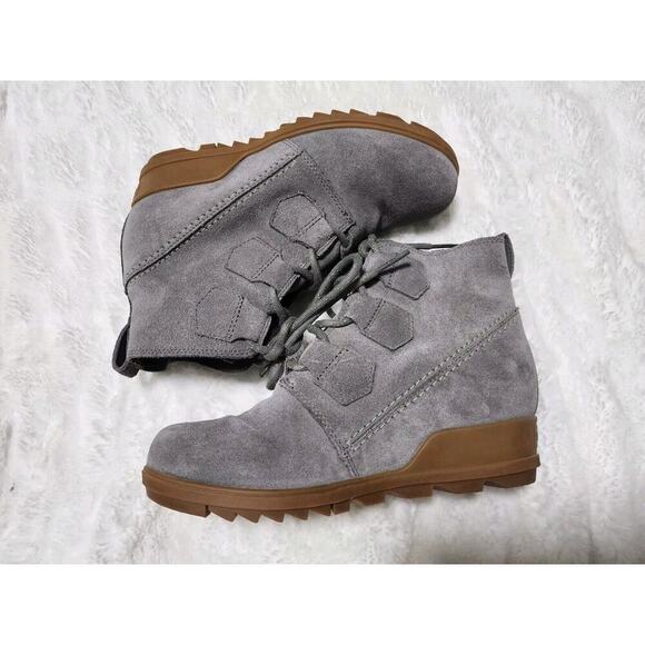 Sorel Evie Grey Suede Wedge Lace-up Ankle Booties Women's Size 7.5 - Picture 1 of 9